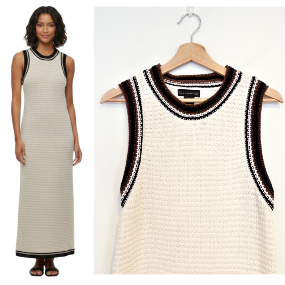 House of Harlow 1960 || Contrast Trim Knit Maxi Dress Cream Black Brown Large